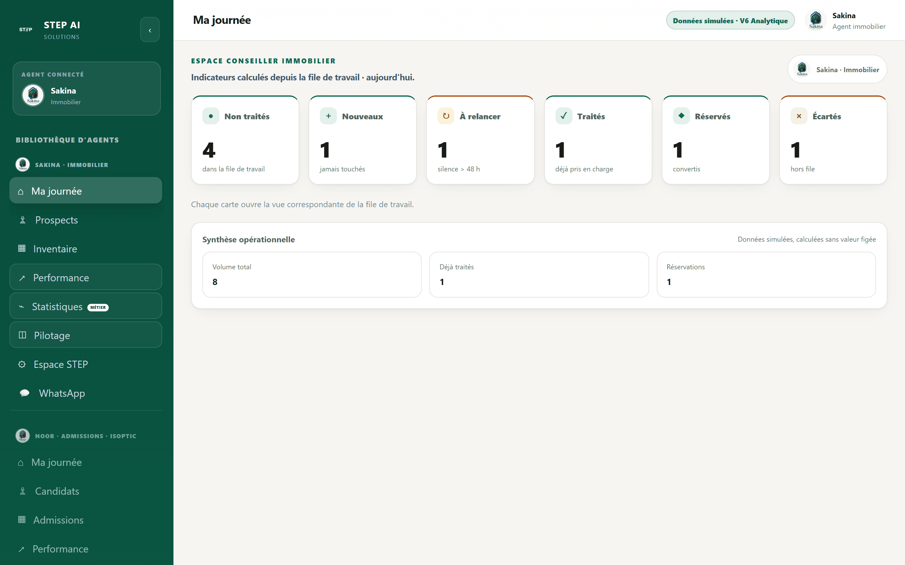 Interface Dashboard conseiller — Sakina · Immobilier